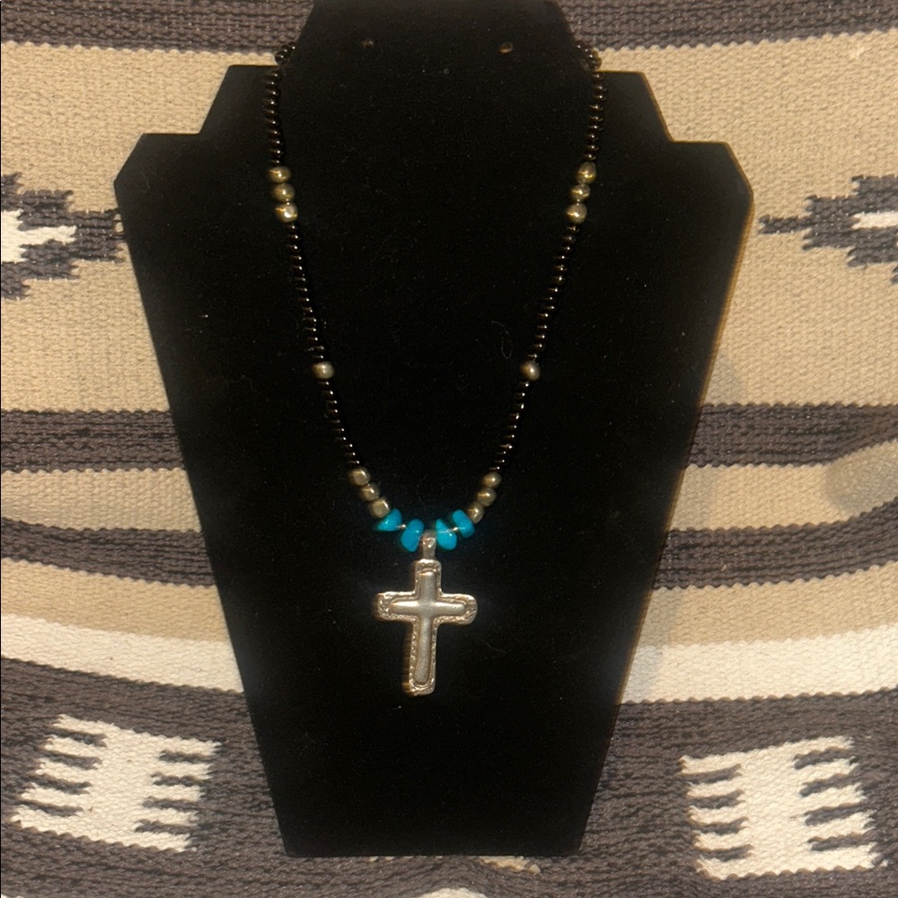 Black, Silver and Turquoise Beaded Cross Necklace